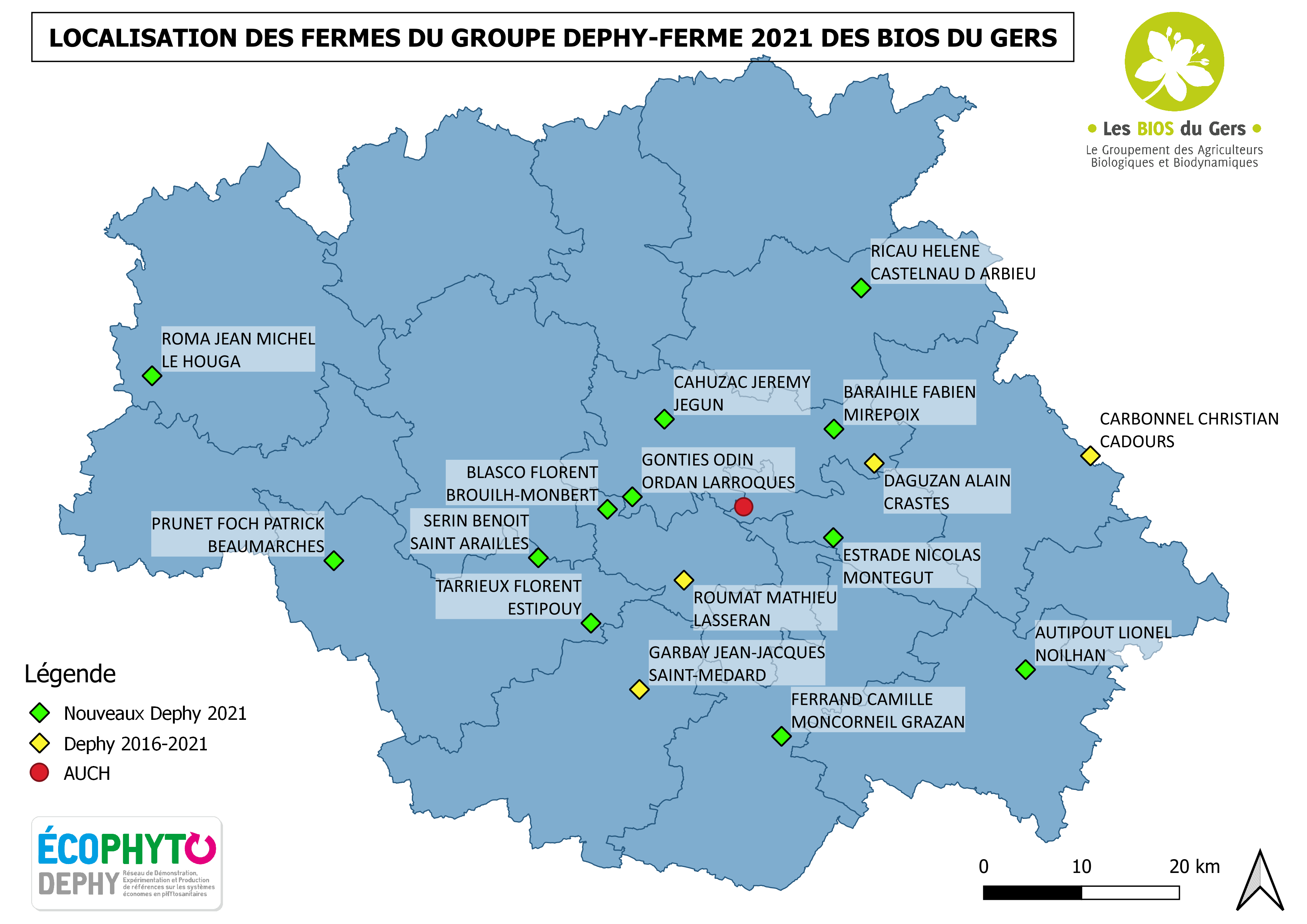 Carte des membres du groupe DEPHY répartis dans tout le Gers