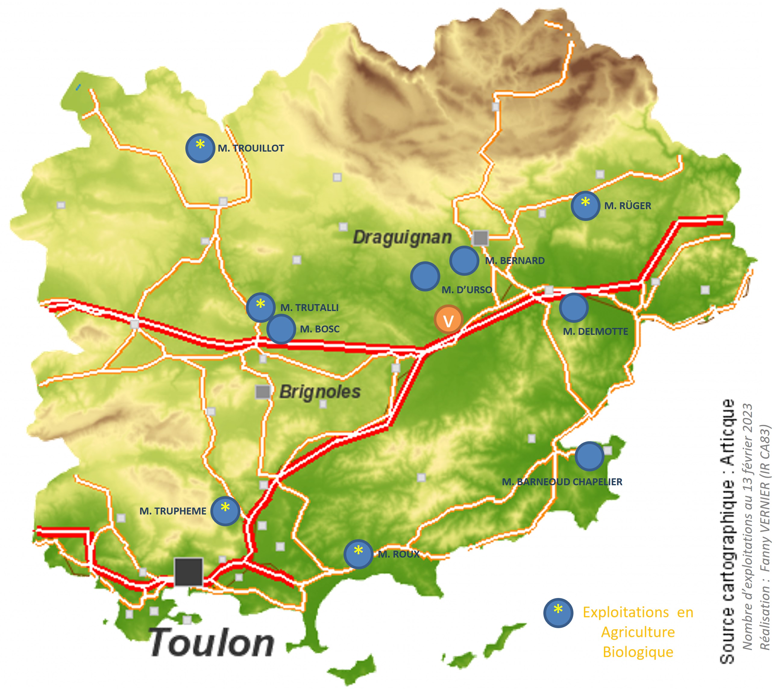 Carte des exploitations du groupe Un DEPHY en Oléiculture