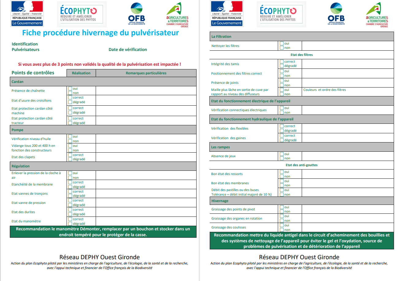 Check-list des procédures et points de vigilance pour la mise en hivernage du pulvérisateur phytosanitaires.