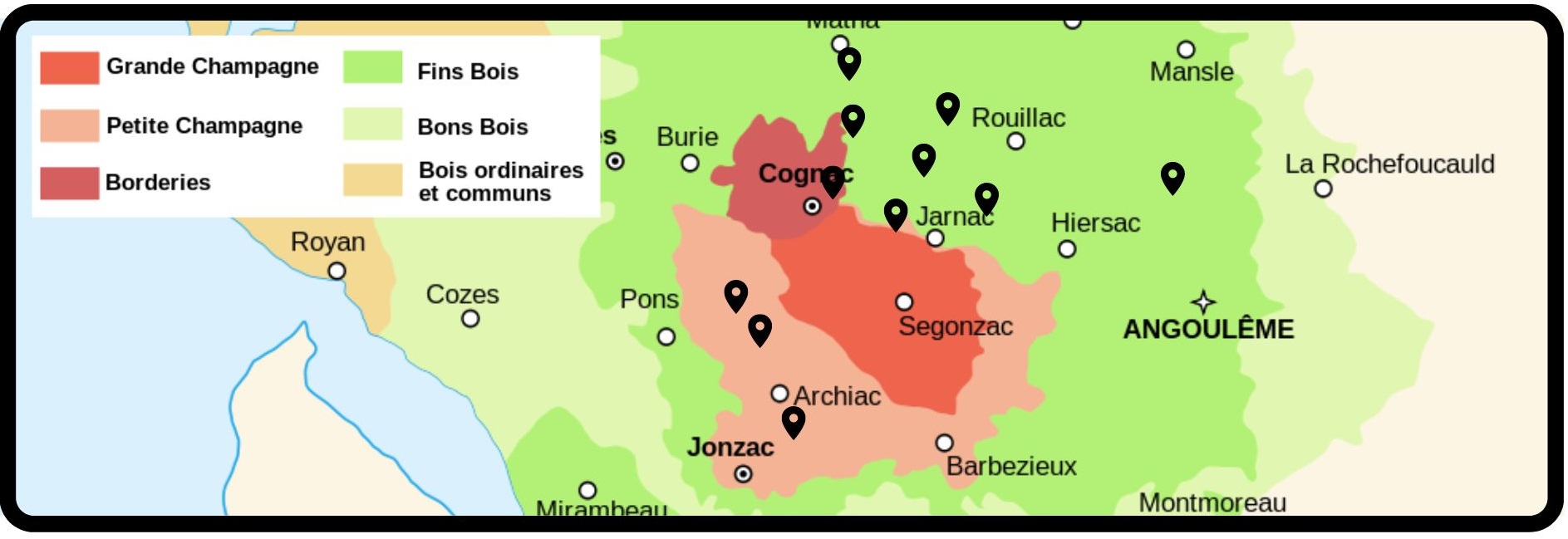 Répartition des 11 exploitations du groupe DEPHY BIO sur le vignoble du cognac