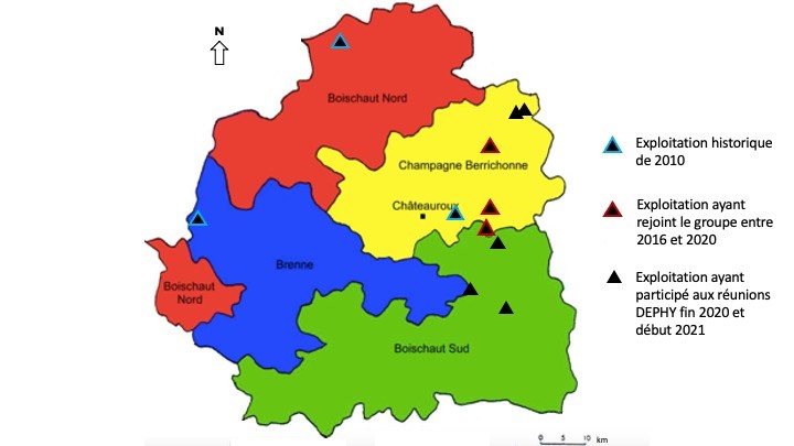 Localisation des exploitations du groupe DEPHY dans le département de l'Indre.